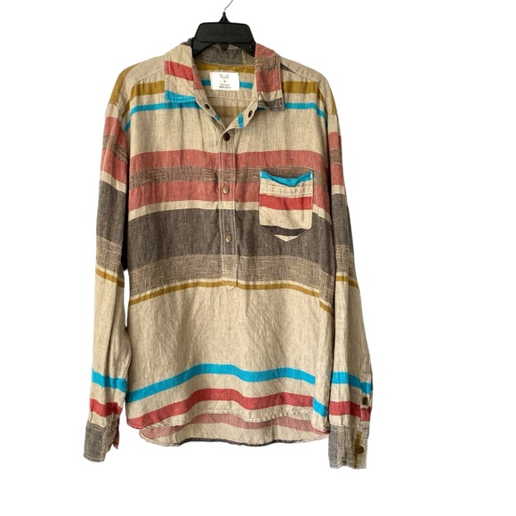 Billy Reid Linen Pullover Stripe Shirt Tan Red Blue Size XL - Picture 1 of 7
